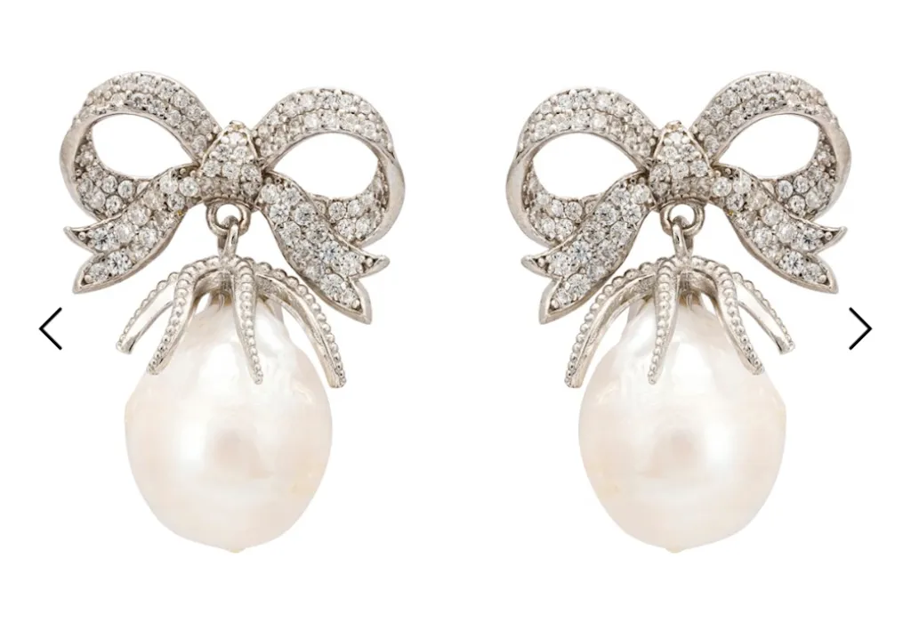 Baroque Pearl Ribbon And Bows Drop Earrings Silver