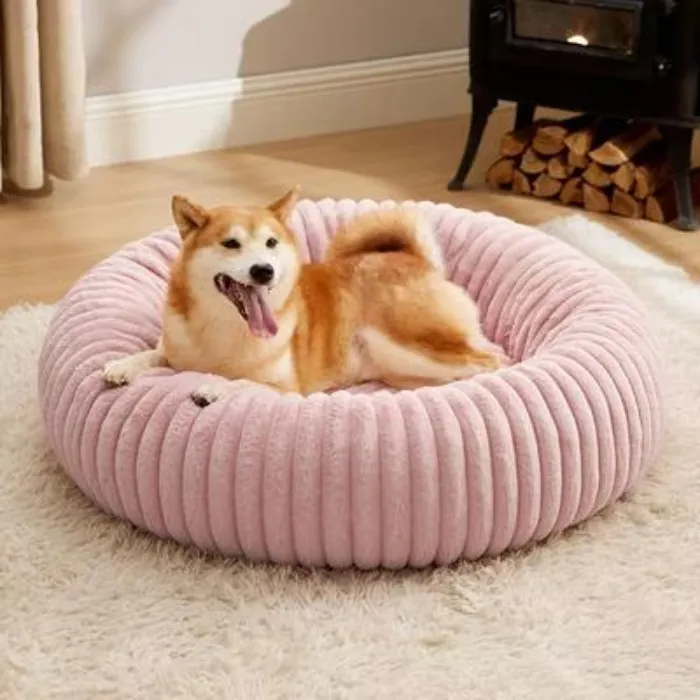 Feandrea Fluffy Calming Donut Dog Bed With Removable, Washable Cover, Pink